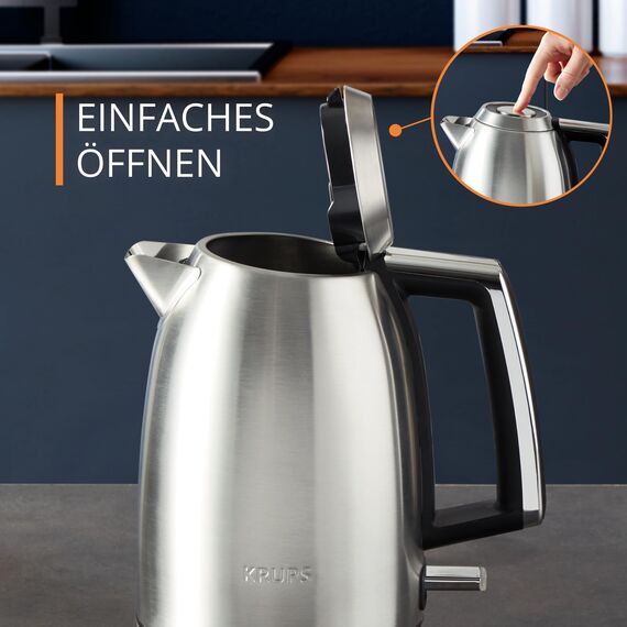 KRUPS BW552D Excellence Elektrischer Wasserkocher, Premium Gebürstetes Metall Finish, 1,7 L Kapazität, Auto Shut-Off, Schnurloser Wasserkocher, Auf 360° Drehbarem Sockel