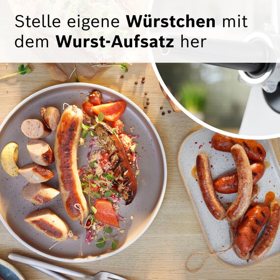 Bosch MultiPower Serie 6 Fleischwolf MFWS607W, 2 Lochscheiben (4,5 und 8 mm), Edelstahl, spülmaschinenfest, Kebbe- und Wurst-Aufsatz, Motorblockleistung 2.100 W, Weiß
