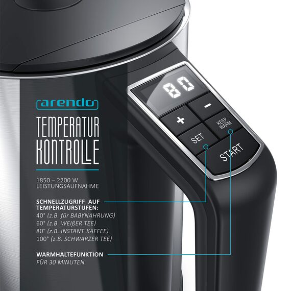 Arendo - Edelstahl Wasserkocher mit Temperatureinstellung 40-100 Grad in 5er Schritten - Doppelwand Design - Modell ELEGANT - 1,5 Liter - 2200 W - Teekocher mit Temperaturanzeige - Silber glänzend