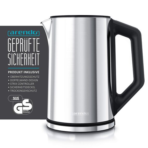Arendo - Edelstahl Wasserkocher mit Temperatureinstellung 40-100 Grad in 5er Schritten - Doppelwand Design - Modell ELEGANT - 1,5 Liter - 2200 W - Teekocher mit Temperaturanzeige - Silber glänzend