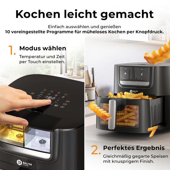 Balter Heißluftfritteuse Airfryer mit Öl- & Wasser-Spray Funktion für extra knusprige Speisen, 7,2L XXL, Heissluftfriteuse mit Sichtfenster, 10 Programme, Air Fryer, inkl. 100 Rezepte, HL-710