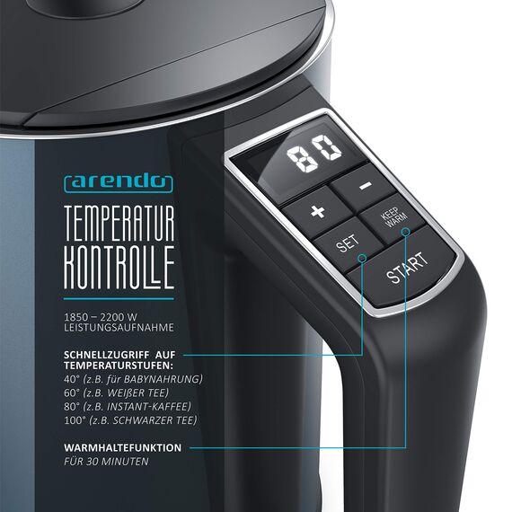 Arendo - Edelstahl Wasserkocher mit Temperatureinstellung 40-100 Grad in 5er Schritten - Doppelwand Design - Modell ELEGANT - 1,5 Liter - 2200 W - Teekocher mit Temperaturanzeige - GS - Admiral Blau
