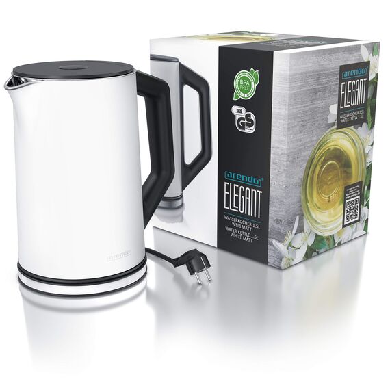 Arendo - Edelstahl Wasserkocher mit Temperatureinstellung 40-100 Grad in 5er Schritten - Doppelwand Design - Modell ELEGANT - 1,5 Liter - 2200 W - Teekocher mit Temperaturanzeige - GS - weiß