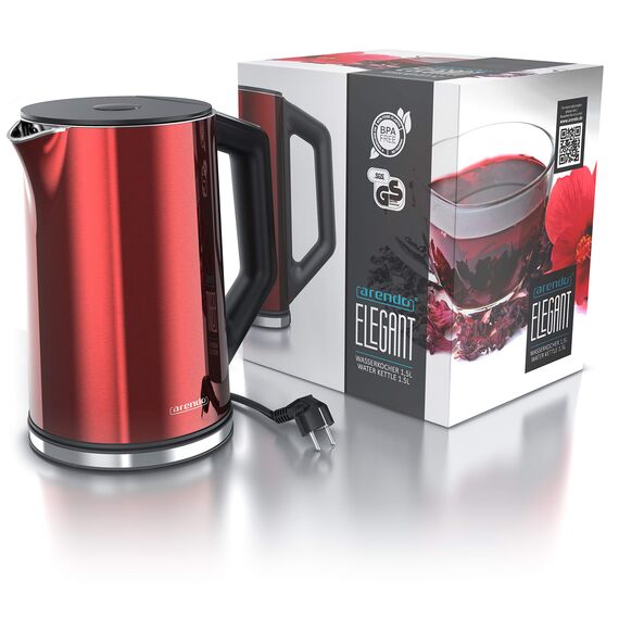 Arendo - Edelstahl Wasserkocher mit Temperatureinstellung 40-100 Grad in 5er Schritten - Doppelwand Design - Modell ELEGANT - 1,5 Liter - 2200 W - Teekocher mit Temperaturanzeige - GS - Karminrot