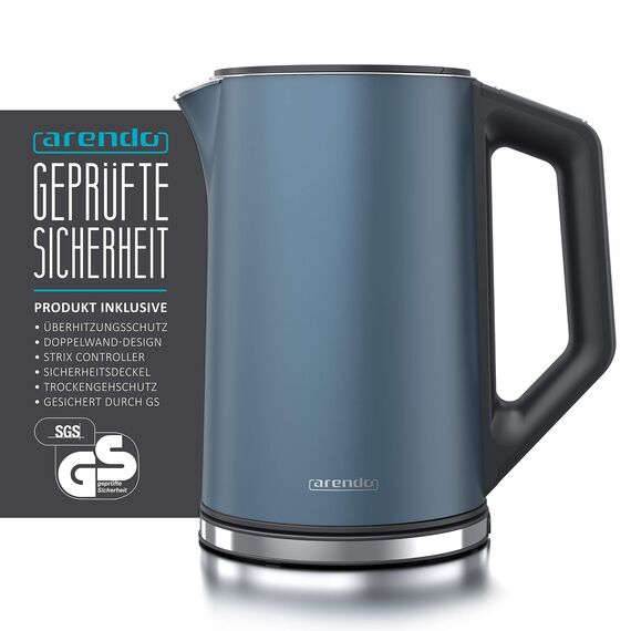 Arendo - Edelstahl Wasserkocher mit Temperatureinstellung 40-100 Grad in 5er Schritten - Doppelwand Design - Modell ELEGANT - 1,5 Liter - 2200 W - Teekocher mit Temperaturanzeige - GS - Admiral Blau