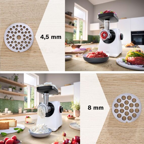 Bosch MultiPower Serie 6 Fleischwolf MFWS607W, 2 Lochscheiben (4,5 und 8 mm), Edelstahl, spülmaschinenfest, Kebbe- und Wurst-Aufsatz, Motorblockleistung 2.100 W, Weiß