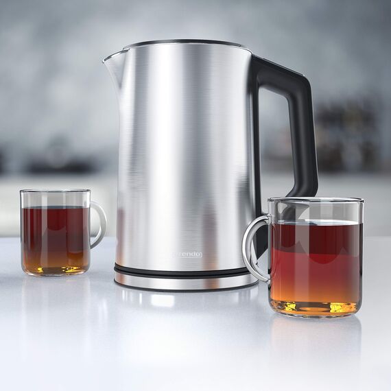 Arendo - Edelstahl Wasserkocher mit Temperatureinstellung 40-100 Grad in 5er Schritten - Doppelwand Design - Modell ELEGANT - 1,5 Liter - 2200 W - Teekocher mit Temperaturanzeige - Silber glänzend