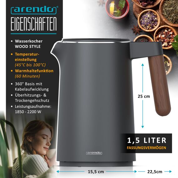 Arendo - Wasserkocher Edelstahl mit Temperatureinstellung - 45°C-100°C - 1.5 Liter - Doppelwand - BPA frei - Warmhaltefunktion - Teekocher mit Temperaturanzeige - Griff Cool Touch - Cool Grey