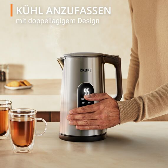 Krups Selection Wasserkocher, 1,7 Liter Fassungsvermögen für bis zu 6 Tassen, 6 Temperaturen, Real-Time Display, Warmhaltefunktion, kühle Außenseite, Auto-Abschaltung, Edelstahl, BW871DF0