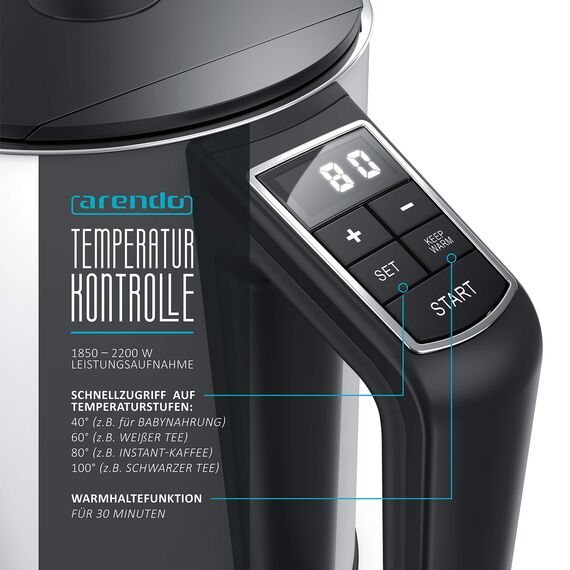 Arendo - Edelstahl Wasserkocher mit Temperatureinstellung 40-100 Grad in 5er Schritten - Doppelwand Design - Modell ELEGANT - 1,5 Liter - 2200 W - Teekocher mit Temperaturanzeige - GS - weiß