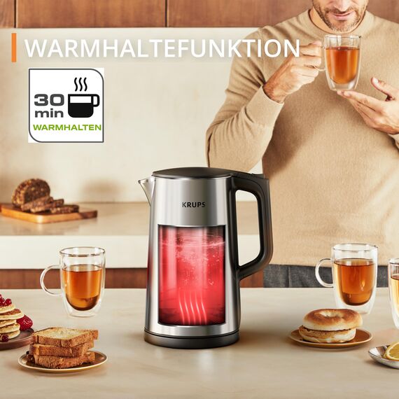 Krups Selection Wasserkocher, 1,7 Liter Fassungsvermögen für bis zu 6 Tassen, 6 Temperaturen, Real-Time Display, Warmhaltefunktion, kühle Außenseite, Auto-Abschaltung, Edelstahl, BW871DF0