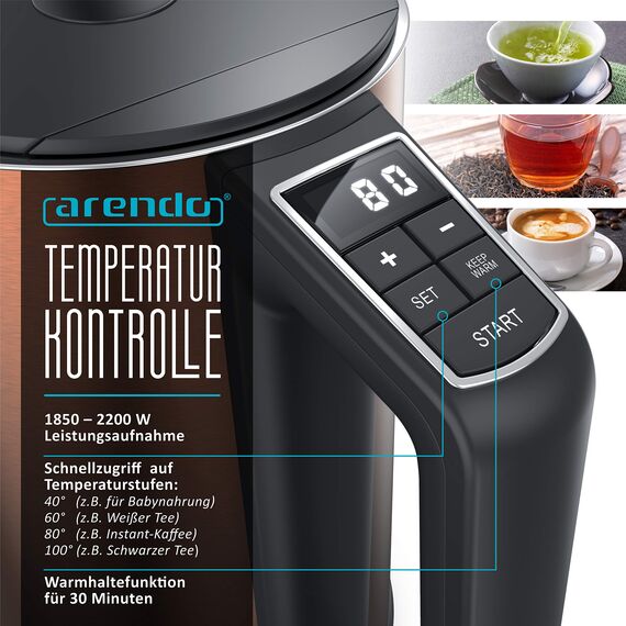 Arendo - Edelstahl Wasserkocher mit Temperatureinstellung 40-100 Grad in 5er Schritten - Doppelwand Design - Modell ELEGANT - 1,5 Liter - 2200 W - Teekocher mit Temperaturanzeige - GS - Kupfer