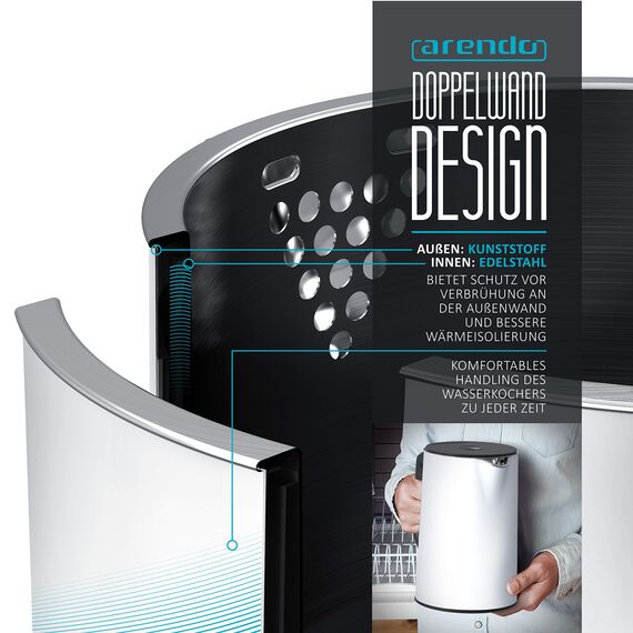 Arendo - Edelstahl Wasserkocher mit Temperatureinstellung 40-100 Grad in 5er Schritten - Doppelwand Design - Modell ELEGANT - 1,5 Liter - 2200 W - Teekocher mit Temperaturanzeige - GS - weiß