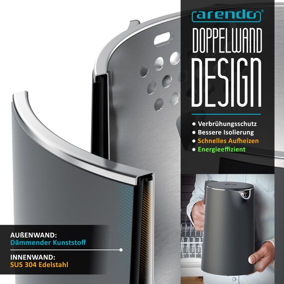 Arendo - Wasserkocher Edelstahl mit Temperatureinstellung - 45°C-100°C - 1.5 Liter - Doppelwand - BPA frei - Warmhaltefunktion - Teekocher mit Temperaturanzeige - Griff Cool Touch - Cool Grey