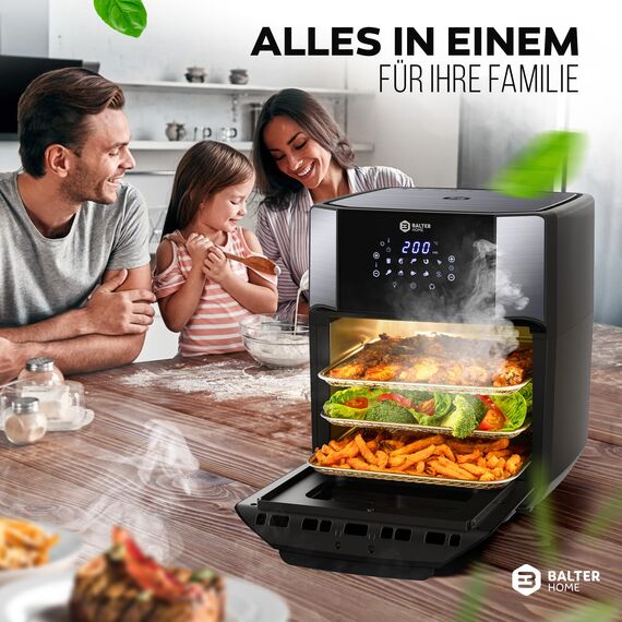 Balter Heißluftfritteuse HL-1200-BL, 12 Liter, Friteuse, LED Touchscreen, 10 Programme, Dörrautomat, 1800W Heissluftfritteuse airfryer, 100 Rezepte auf Deutsch, Minibackofen