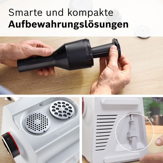 Bosch MultiPower Serie 6 Fleischwolf MFWS607W, 2 Lochscheiben (4,5 und 8 mm), Edelstahl, spülmaschinenfest, Kebbe- und Wurst-Aufsatz, Motorblockleistung 2.100 W, Weiß