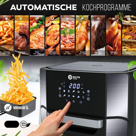 Balter Heißluftfritteuse HL-1200-BL, 12 Liter, Friteuse, LED Touchscreen, 10 Programme, Dörrautomat, 1800W Heissluftfritteuse airfryer, 100 Rezepte auf Deutsch, Minibackofen