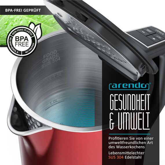 Arendo - Edelstahl Wasserkocher mit Temperatureinstellung 40-100 Grad in 5er Schritten - Doppelwand Design - Modell ELEGANT - 1,5 Liter - 2200 W - Teekocher mit Temperaturanzeige - GS - Karminrot