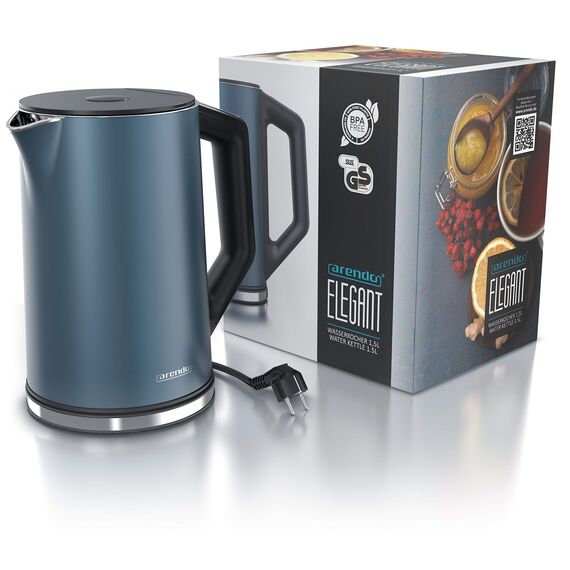 Arendo - Edelstahl Wasserkocher mit Temperatureinstellung 40-100 Grad in 5er Schritten - Doppelwand Design - Modell ELEGANT - 1,5 Liter - 2200 W - Teekocher mit Temperaturanzeige - GS - Admiral Blau