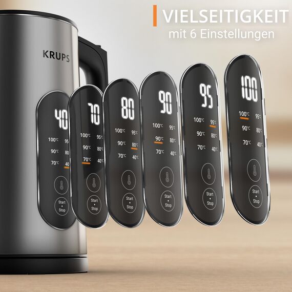 Krups Selection Wasserkocher, 1,7 Liter Fassungsvermögen für bis zu 6 Tassen, 6 Temperaturen, Real-Time Display, Warmhaltefunktion, kühle Außenseite, Auto-Abschaltung, Edelstahl, BW871DF0