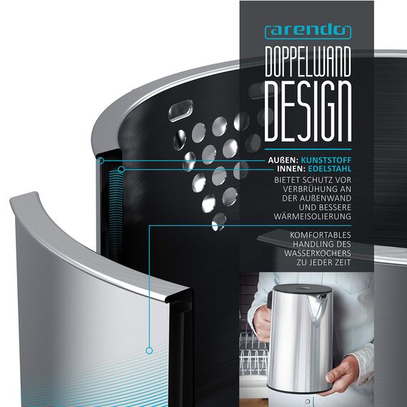 Arendo - Edelstahl Wasserkocher mit Temperatureinstellung 40-100 Grad in 5er Schritten - Doppelwand Design - Modell ELEGANT - 1,5 Liter - 2200 W - Teekocher mit Temperaturanzeige - Silber glänzend