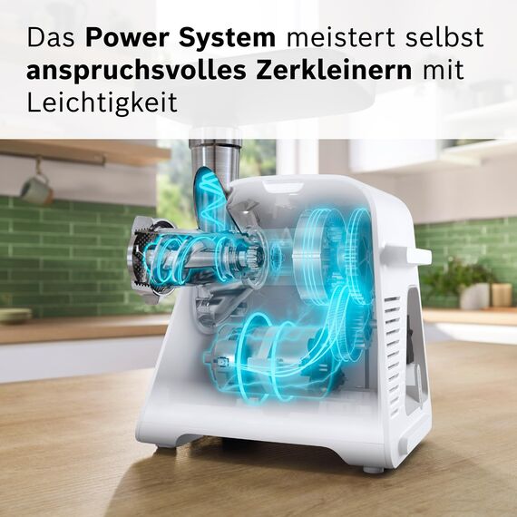 Bosch MultiPower Serie 6 Fleischwolf MFWS607W, 2 Lochscheiben (4,5 und 8 mm), Edelstahl, spülmaschinenfest, Kebbe- und Wurst-Aufsatz, Motorblockleistung 2.100 W, Weiß