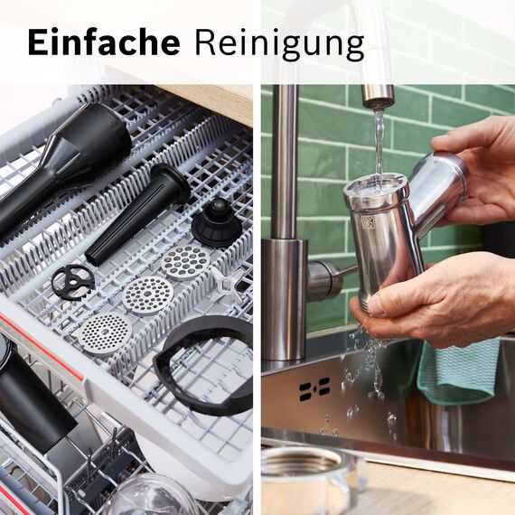 Bosch MultiPower Serie 6 Fleischwolf MFWS607W, 2 Lochscheiben (4,5 und 8 mm), Edelstahl, spülmaschinenfest, Kebbe- und Wurst-Aufsatz, Motorblockleistung 2.100 W, Weiß