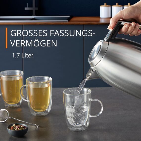 KRUPS BW552D Excellence Elektrischer Wasserkocher, Premium Gebürstetes Metall Finish, 1,7 L Kapazität, Auto Shut-Off, Schnurloser Wasserkocher, Auf 360° Drehbarem Sockel