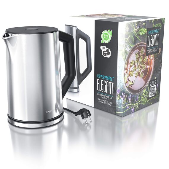 Arendo - Edelstahl Wasserkocher mit Temperatureinstellung 40-100 Grad in 5er Schritten - Doppelwand Design - Modell ELEGANT - 1,5 Liter - 2200 W - Teekocher mit Temperaturanzeige - Silber glänzend