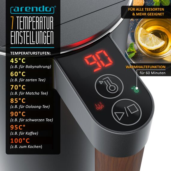 Arendo - Wasserkocher Edelstahl mit Temperatureinstellung - 45°C-100°C - 1.5 Liter - Doppelwand - BPA frei - Warmhaltefunktion - Teekocher mit Temperaturanzeige - Griff Cool Touch - Cool Grey