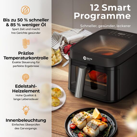 Balter Heißluftfritteuse Airfryer, 6,5 L, Friteuse Heissluftfritteuse XXL mit Sichtfenster, 12 Programme, all-in-1 Air Fryer, inkl. 100 Rezepte, HL-651T
