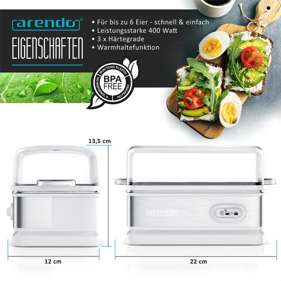 Arendo - Eierkocher Edelstahl mit Warmhaltefunktion - Kipp-Funktionsschalter mit Indikationsleuchte - frei wählbarer Härtegrad - rostfreier gebürsteter Edelstahl - weiß