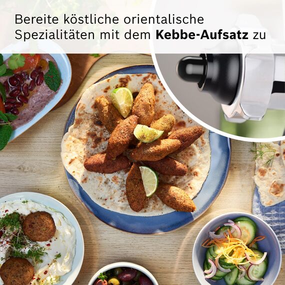 Bosch MultiPower Serie 6 Fleischwolf MFWS607W, 2 Lochscheiben (4,5 und 8 mm), Edelstahl, spülmaschinenfest, Kebbe- und Wurst-Aufsatz, Motorblockleistung 2.100 W, Weiß