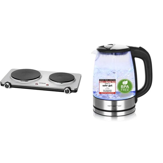 Bomann Doppel-Kochplatte DKP 5033 E, ideal für Camping, Küche oder Büro, zwei Kochplatten groß 18 cm und klein 15 cm, edelstahl & Emerio WK-119988 Glas Wasserkocher,1.7 Liter, Schwarz, Silber