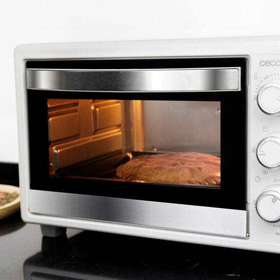 Cecotec Tischofen BakeundToast 2600 White 4Pizza, 26L, 1550W, Inklusive Pietra Pizza Stein, 6 Funktionen, Krümelschublade, Innenbeleuchtung, Doppelt verglaste Tür, Vielfältige Möglichkeiten