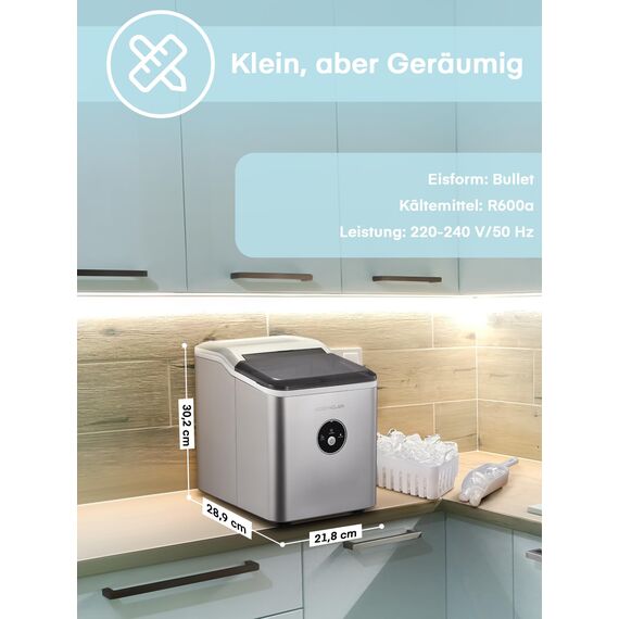 Eiswürfelmaschine Testsieger 2025, 14 kg 24 Stunden, 9 Eiswürfel in 6-8 Minuten, Gerauscharmer Betrieb, 120W Ice Maker mit Schaufel u. Korb, Eiswürfelbereiter Klein für Zuhause, Büro