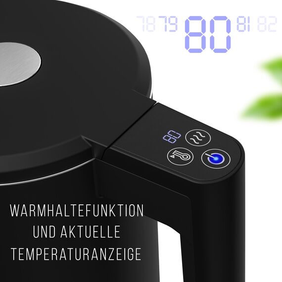 Balter Edelstahl Wasserkocher mit Temperatureinstellung, 40°C-100°C, Doppelwand, BPA frei, 1,7L, Schwarz, WK-5-Touch