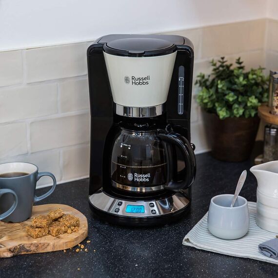 Russell Hobbs Kaffeemaschine [Digitaler Timer, Brausekopf für optimale Extraktion&Aroma] Colours+ Creme (1 bis 10 Tassen, 1,25l Glaskanne, Warmhalteplatte, 1100W) Filterkaffeemaschine 24033-56