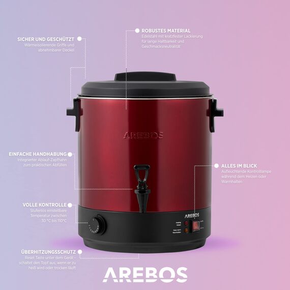 Arebos Einkochautomat 2500 W | Einkochtopf 28 L | mit Thermostat & Überhitzungsschutz | stufenlose Temperatureinstellung 30-110°C | Glühweinkocher | inkl. Einmachglasheber & Einmachtrichter | Rot