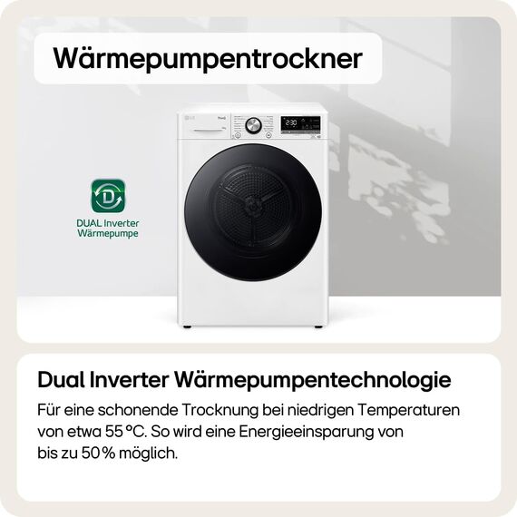 LG V9AYXT, Trockner, 10 kg, Wärmepumpentrockner mit Dual Inverter Wärmepumpentechnologie, 60 x 66 x 85 cm, Allergy Care Programm, Trockner mit Smart ThinQ-Technologie, Weiß