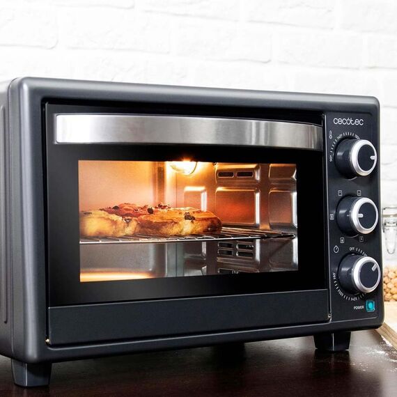 Cecotec Tischofen Bake&Toast 2600 Black 4Pizza, 26 L, 1500 W, inklusive Pietra Pizza Stein für Ergebnisse wie in einem traditionellen Steinofen, 6 verschiedene Funktionen, Krümelschublade