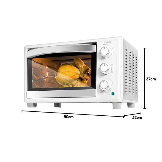 Cecotec Tischofen BakeundToast 3090 White Gyro, 30L, 1500W, 5 Funktionen, Inklusive Drehspieß, Innenbeleuchtung, Krümelschublade, 360º-Griff, Konvektionsgaren, Doppelt verglaste Tür