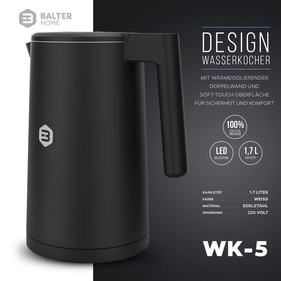 Balter Edelstahl Wasserkocher mit Temperatureinstellung, 40°C-100°C, Doppelwand, BPA frei, 1,7L, Schwarz, WK-5-Touch