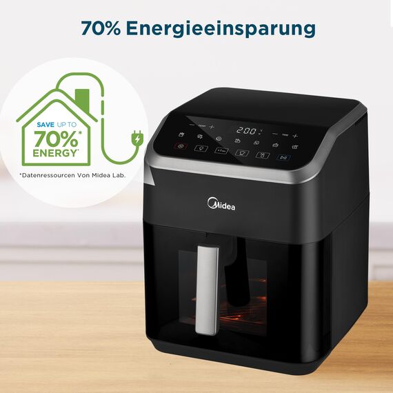 Midea Heißluftfritteuse 7L Fassungsvermögen, Airfryer mit Sichtfenster & Licht, 7 Programme, HeatXpress Technologie 90% weniger Öl, Energie- und Zeitersparnis, Antihaft, Schwarz
