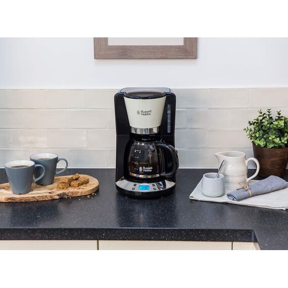 Russell Hobbs Kaffeemaschine [Digitaler Timer, Brausekopf für optimale Extraktion&Aroma] Colours+ Creme (1 bis 10 Tassen, 1,25l Glaskanne, Warmhalteplatte, 1100W) Filterkaffeemaschine 24033-56