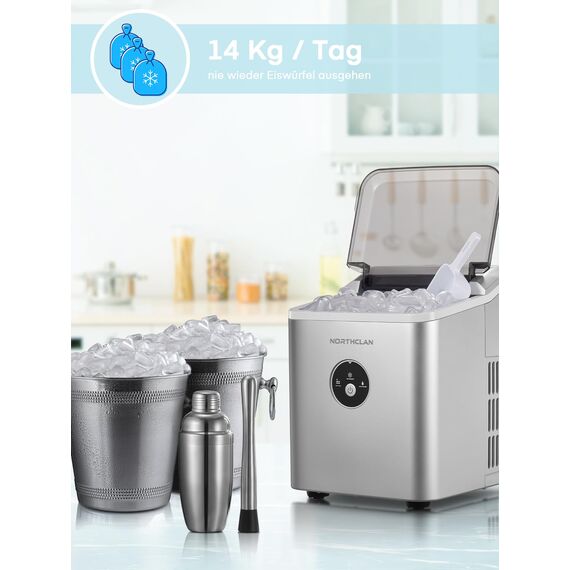 Eiswürfelmaschine Testsieger 2025, 14 kg 24 Stunden, 9 Eiswürfel in 6-8 Minuten, Gerauscharmer Betrieb, 120W Ice Maker mit Schaufel u. Korb, Eiswürfelbereiter Klein für Zuhause, Büro