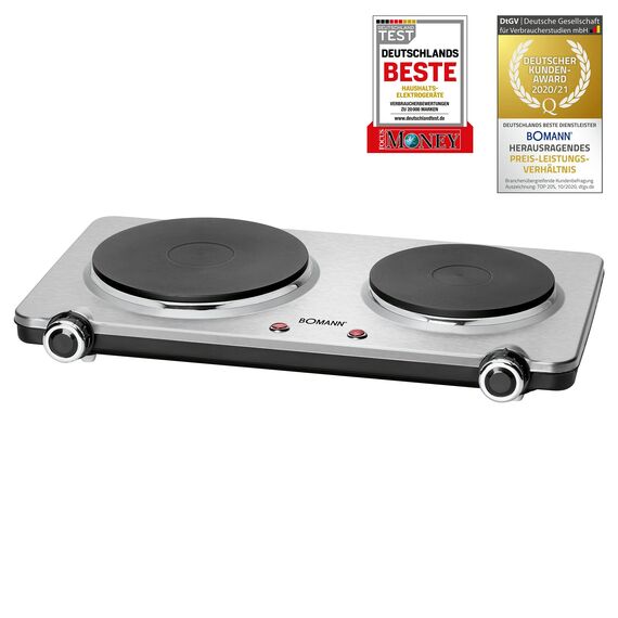 Bomann DKP 5033 E CB Edelstahl-Doppelkochplatte, 2 Kochplatten (1x Ø ca. 180mm, 1500W, 1x Ø ca. 150mm, 1000W), Edelstahl/schwarz & Amazon Basics - 8-teiliges Kochgeschirr mit Antihaftbeschichtung