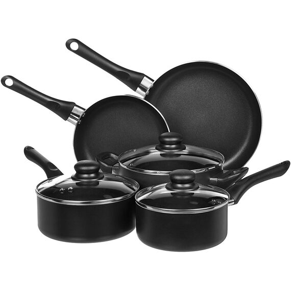 Bomann DKP 5033 E CB Edelstahl-Doppelkochplatte, 2 Kochplatten (1x Ø ca. 180mm, 1500W, 1x Ø ca. 150mm, 1000W), Edelstahl/schwarz & Amazon Basics - 8-teiliges Kochgeschirr mit Antihaftbeschichtung