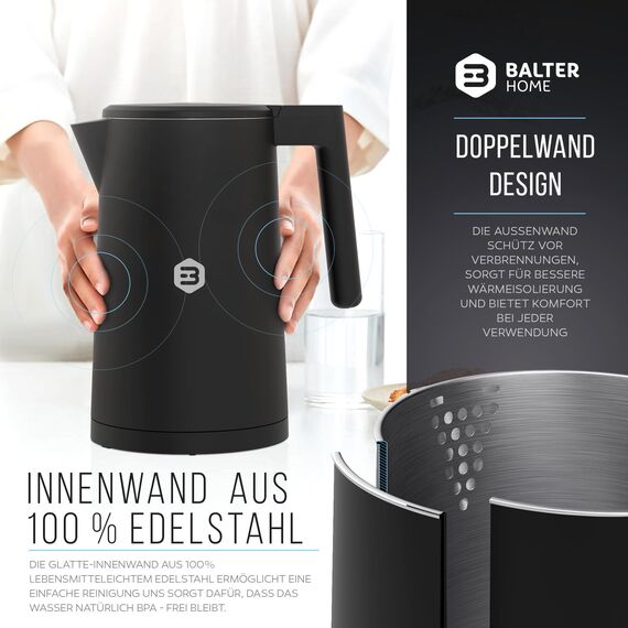 Balter Edelstahl Wasserkocher mit Temperatureinstellung, 40°C-100°C, Doppelwand, BPA frei, 1,7L, Schwarz, WK-5-Touch