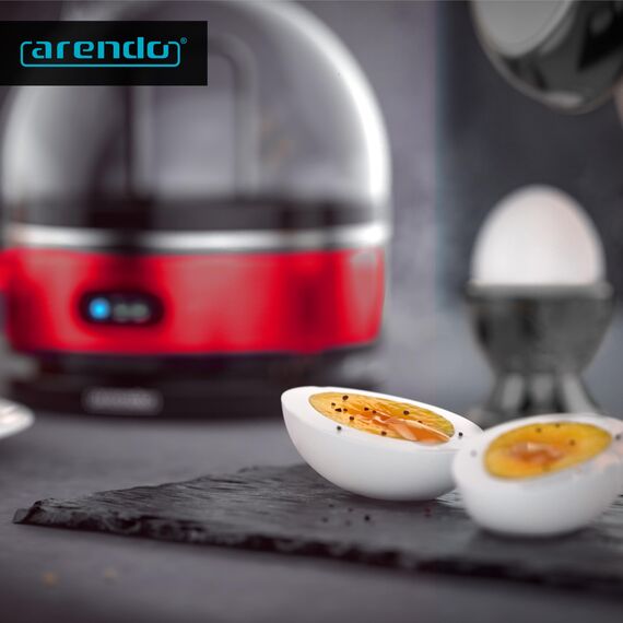 Arendo Sevencook Eierkocher 400 W – Edelstahl Design - 1-7 Eier - Egg Cooker - EIN/AUS-Schalter – 3 Härtegrade wählbar - Warmhaltefunktion - Signalton - BPA-frei - rot